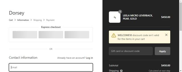 Dorsey checkout page showing Dorsey discount code box | Screenshot taken by SimplyCodes community member on Nov 21, 2021