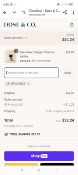 MYGLOW25 coupon verification screenshot