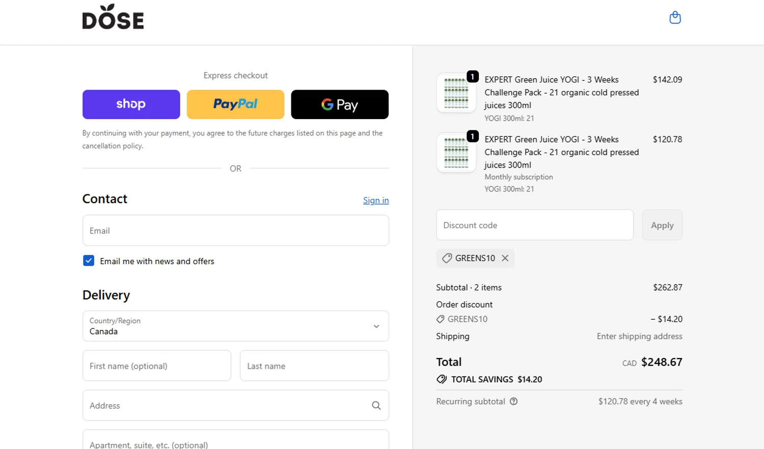 Dose Juice promo code screenshot showing code greens10 applied at Dose Juice checkout page. Uploaded by SimplyCodes community member Dallas on Oct 8, 2025
