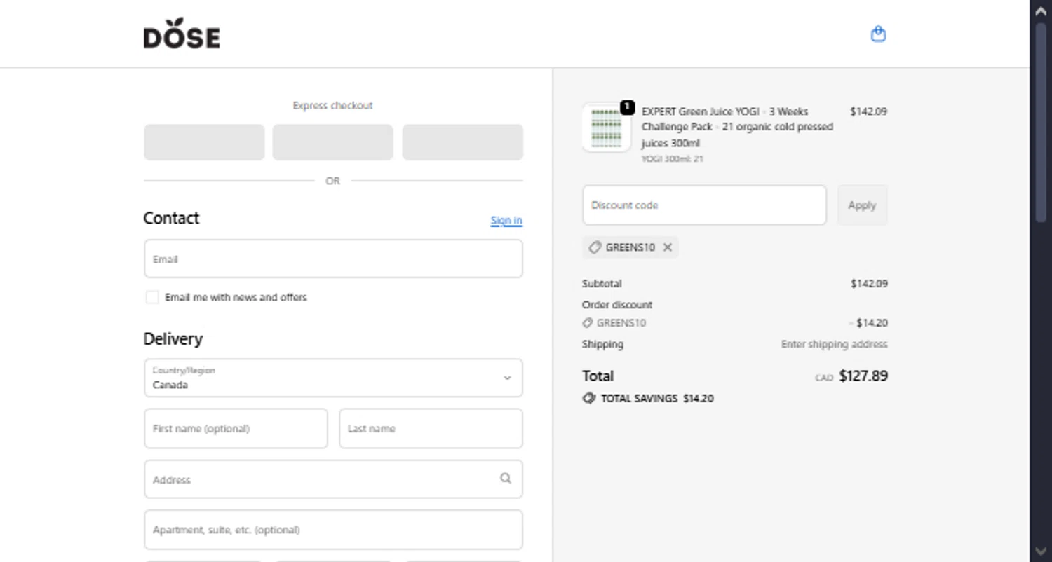 Dose Juice promo code screenshot showing code greens10 applied at Dose Juice checkout page. Uploaded by SimplyCodes community member TraxoGamer on Oct 24, 2025