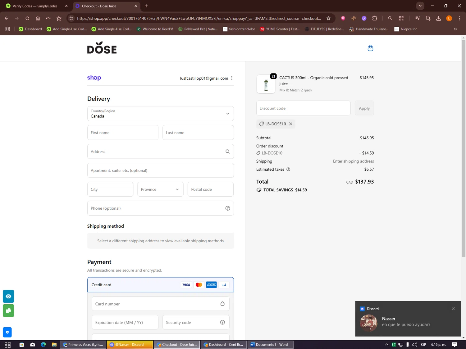 Dose Juice promo code screenshot showing code LB-DOSE10 applied at Dose Juice checkout page. Uploaded by SimplyCodes community member Alalee on Oct 15, 2025