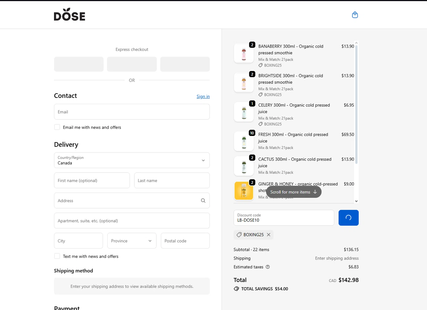 Dose Juice promo code screenshot showing code LB-DOSE10 applied at Dose Juice checkout page. Uploaded by SimplyCodes community member Halanweik on Jan 3, 2026
