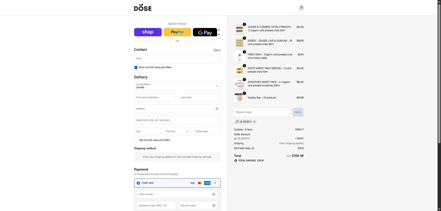 Dose Juice checkout page showing Dose Juice promo code box | Screenshot taken by SimplyCodes community member on Feb 6, 2026