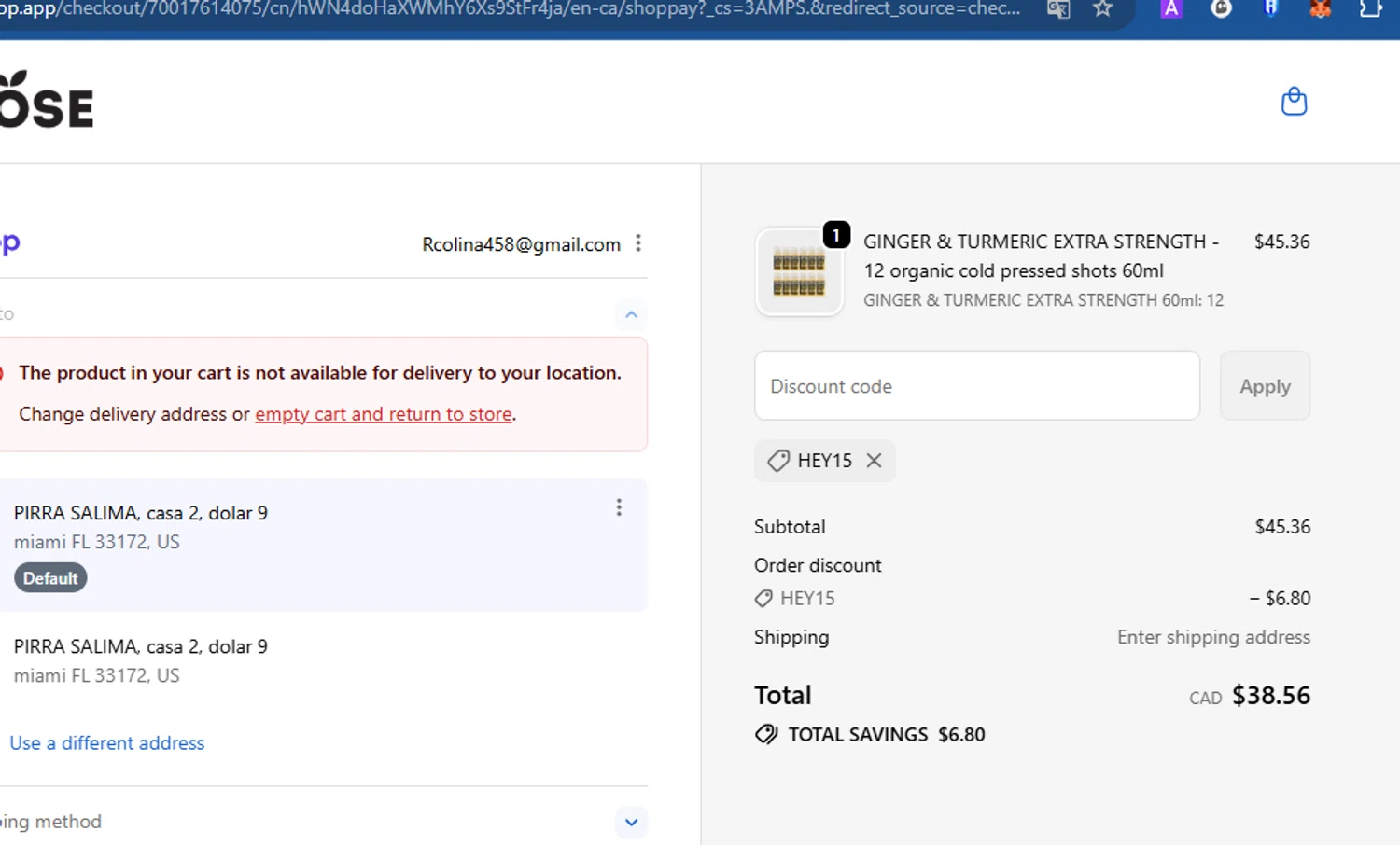 Dose Juice promo code screenshot showing code HEY15 applied at Dose Juice checkout page. Uploaded by SimplyCodes community member Acidwire on Oct 28, 2025
