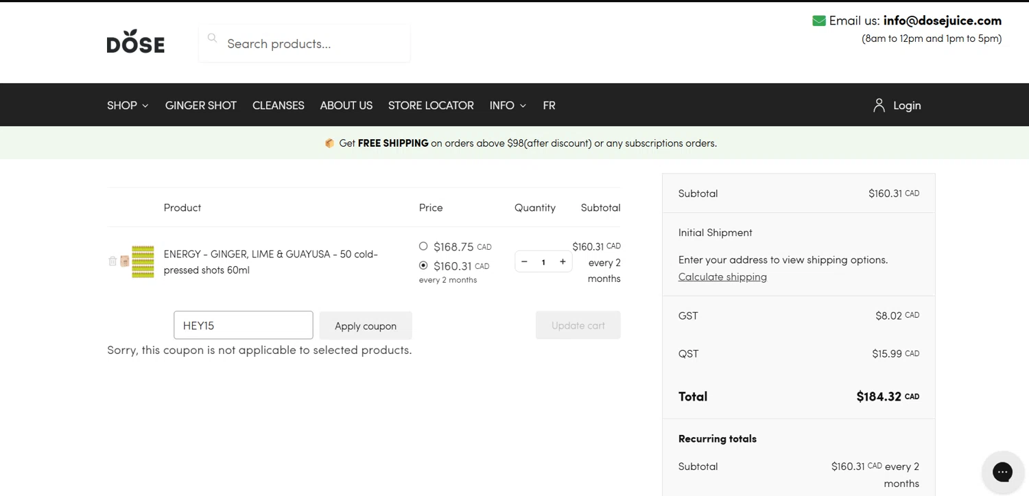 Dose Juice promo code screenshot showing code HEY15 applied at Dose Juice checkout page. Uploaded by SimplyCodes community member PromoMaestro7029 on May 10, 2025