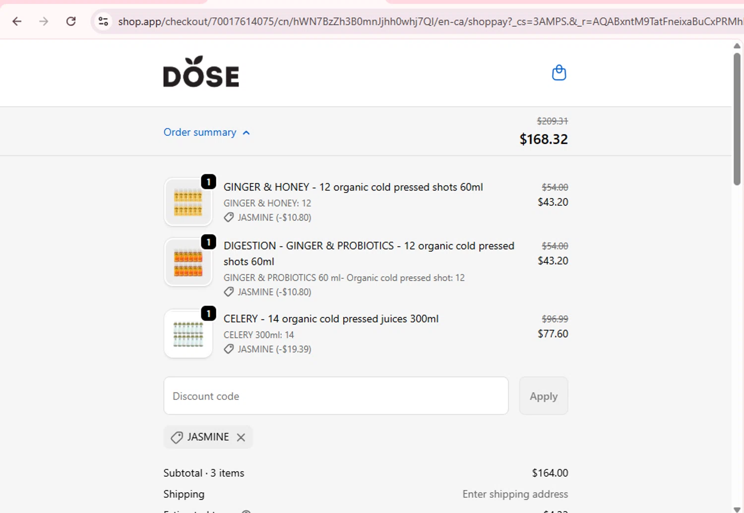 Dose Juice promo code screenshot showing code Jasmine applied at Dose Juice checkout page. Uploaded by SimplyCodes community member PromoExpert5262 on Jan 3, 2026