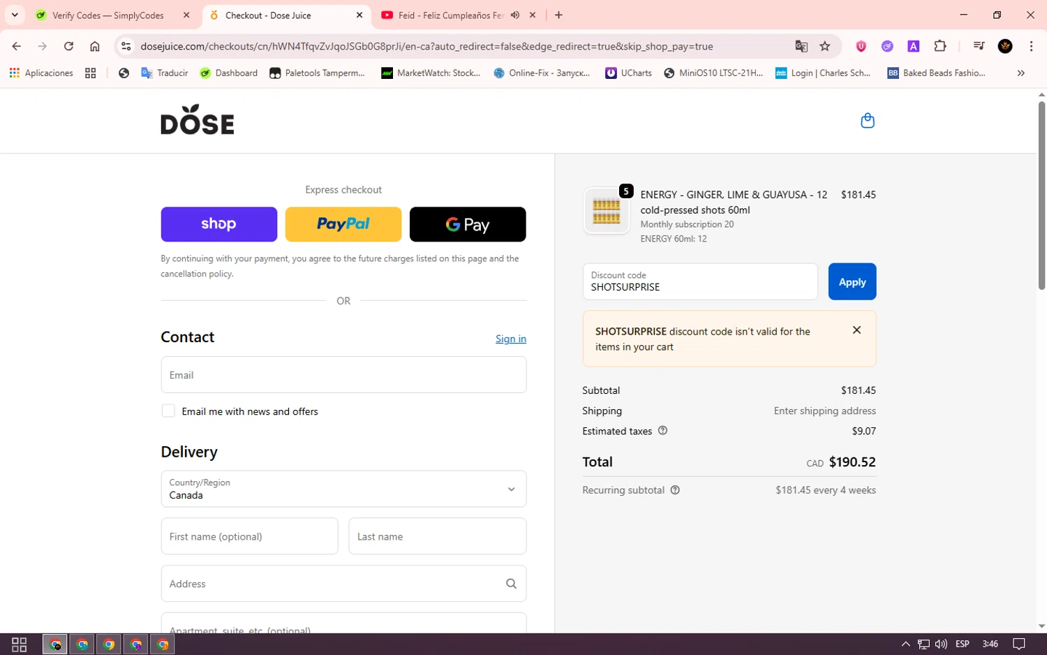 Dose Juice promo code screenshot showing code SHOTSURPRISE applied at Dose Juice checkout page. Uploaded by SimplyCodes community member Alkelino74 on Oct 24, 2025