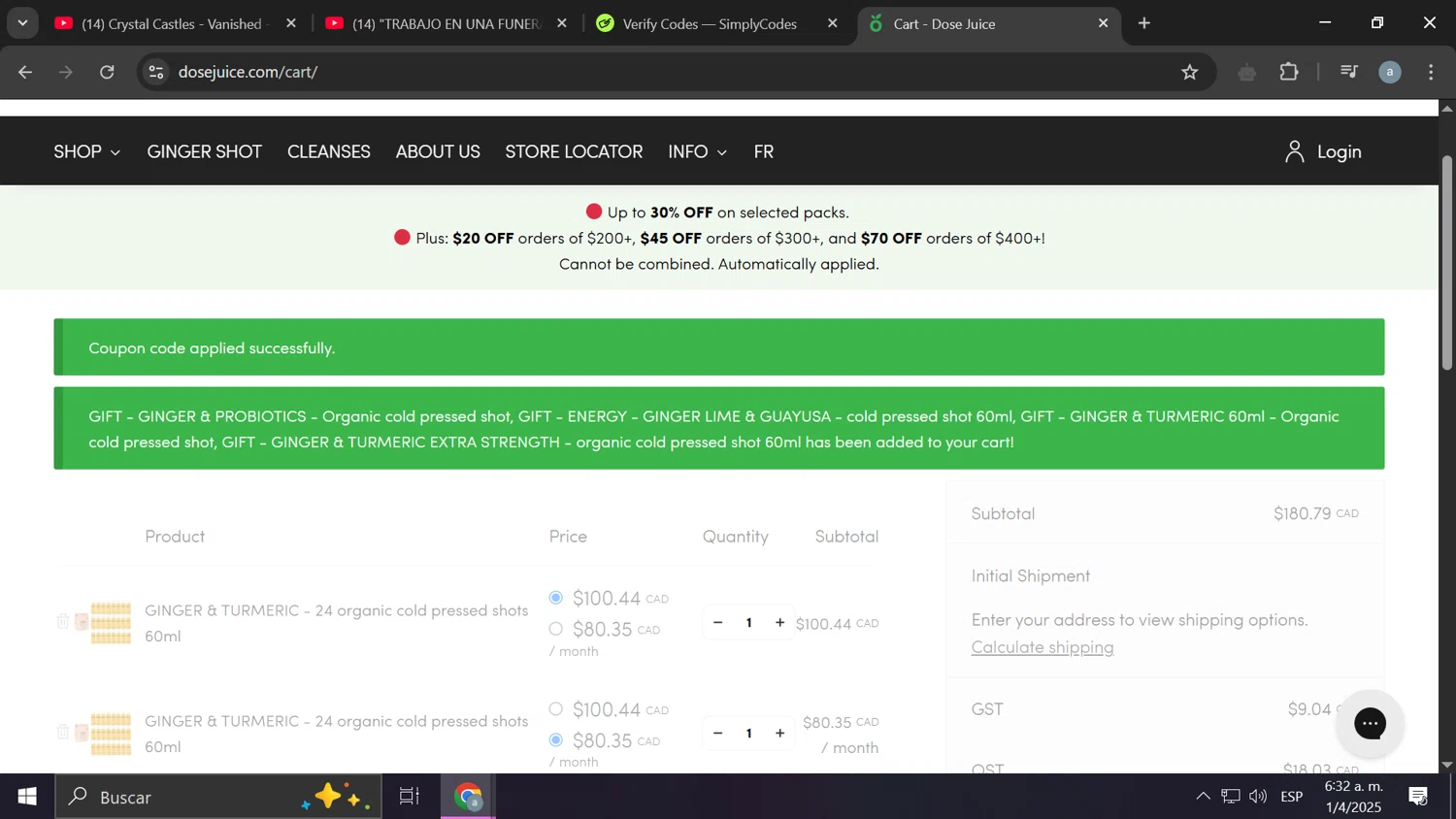 Dose Juice promo code screenshot showing code SHOTSURPRISE applied at Dose Juice checkout page. Uploaded by SimplyCodes community member Anderson on Apr 1, 2025