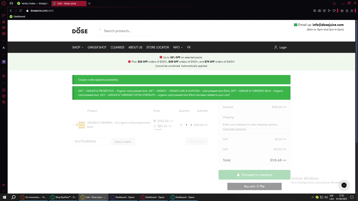 Dose Juice promo code screenshot showing code SHOTSURPRISE applied at Dose Juice checkout page. Uploaded by SimplyCodes community member lilfeli on Apr 1, 2025