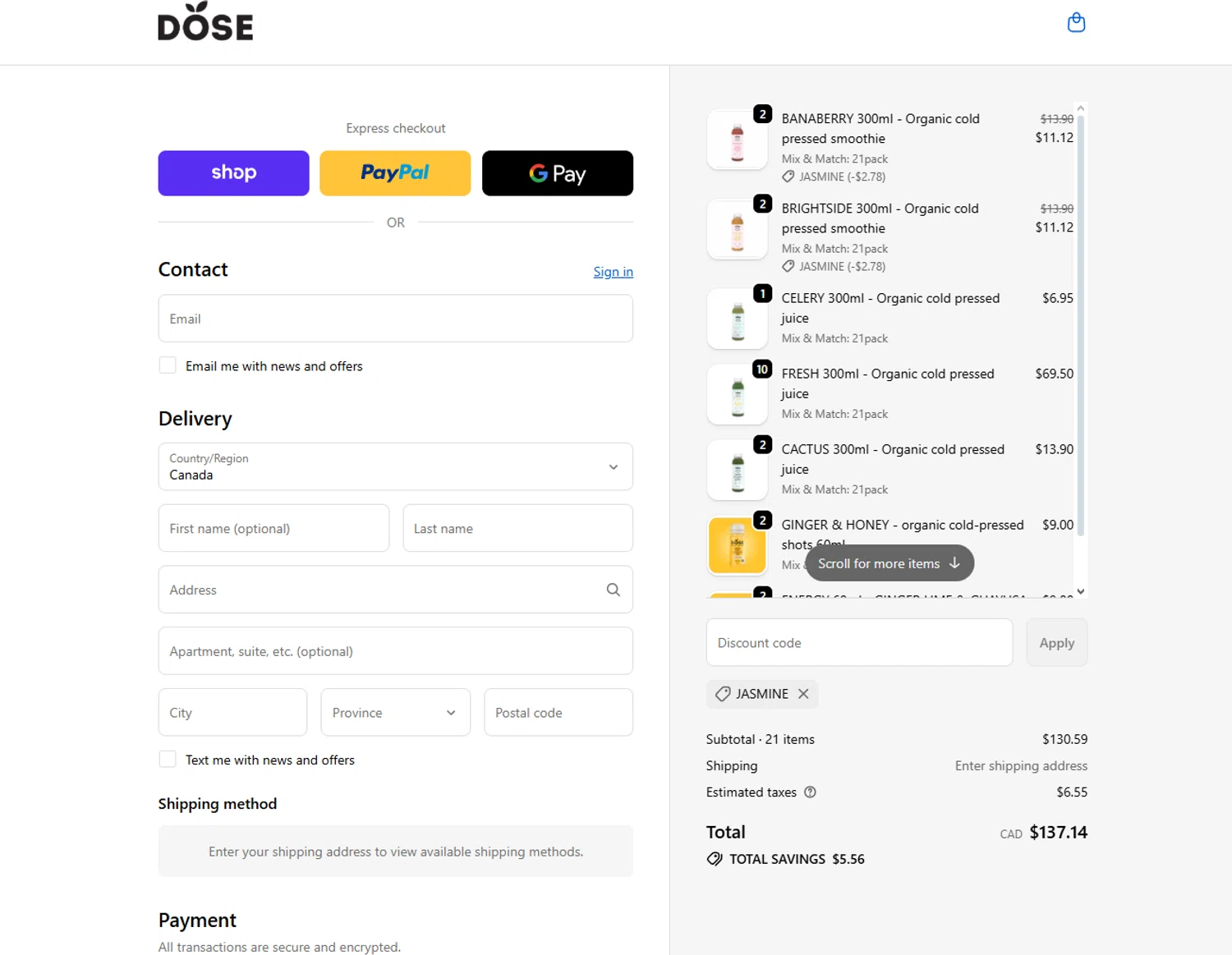 Dose Juice promo code screenshot showing code Jasmine applied at Dose Juice checkout page. Uploaded by SimplyCodes community member Handivlak on Jan 3, 2026