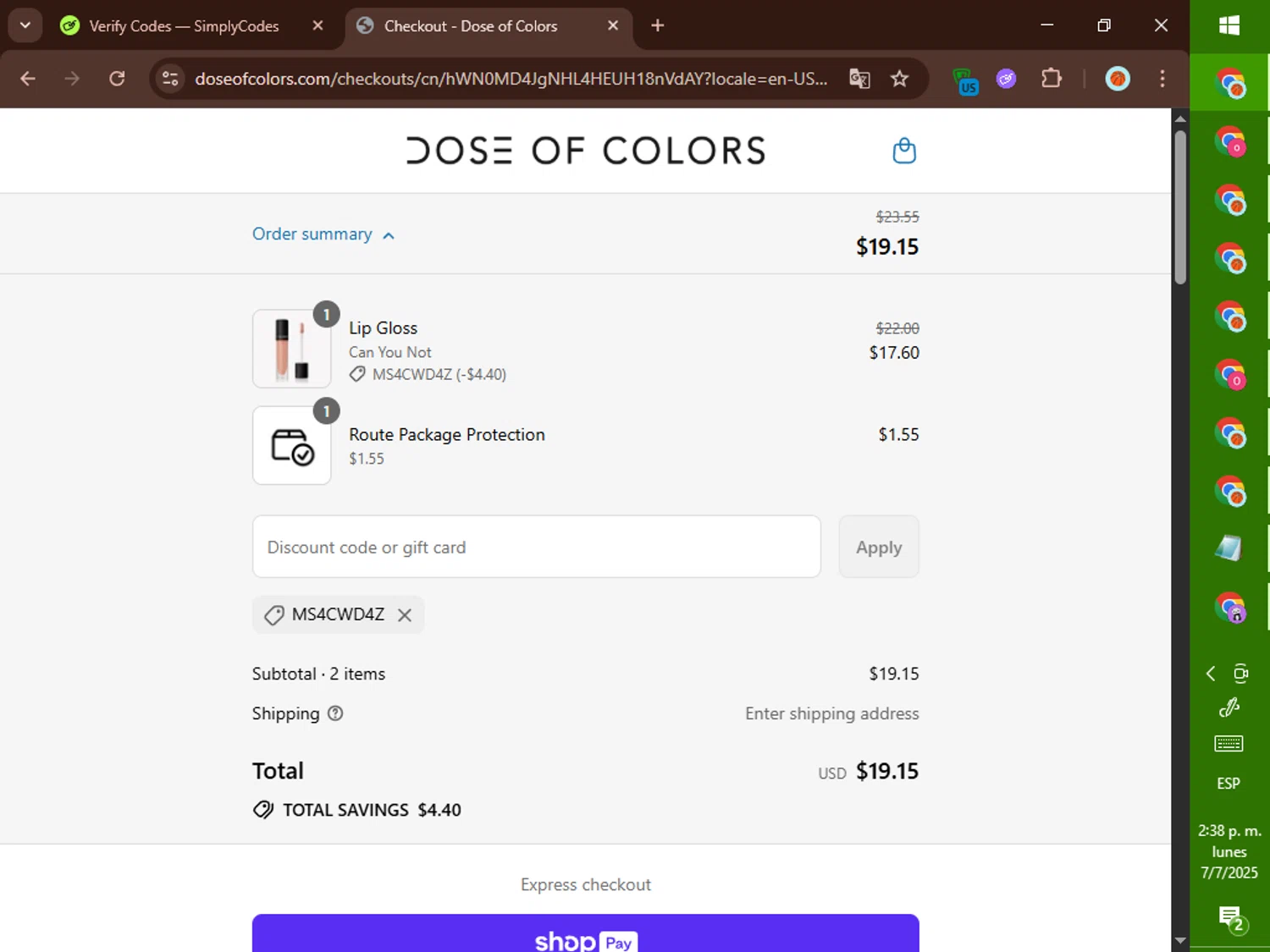 Dose of Colors checkout page showing Dose of Colors discount code box | Screenshot taken by SimplyCodes community member on Jul 7, 2025