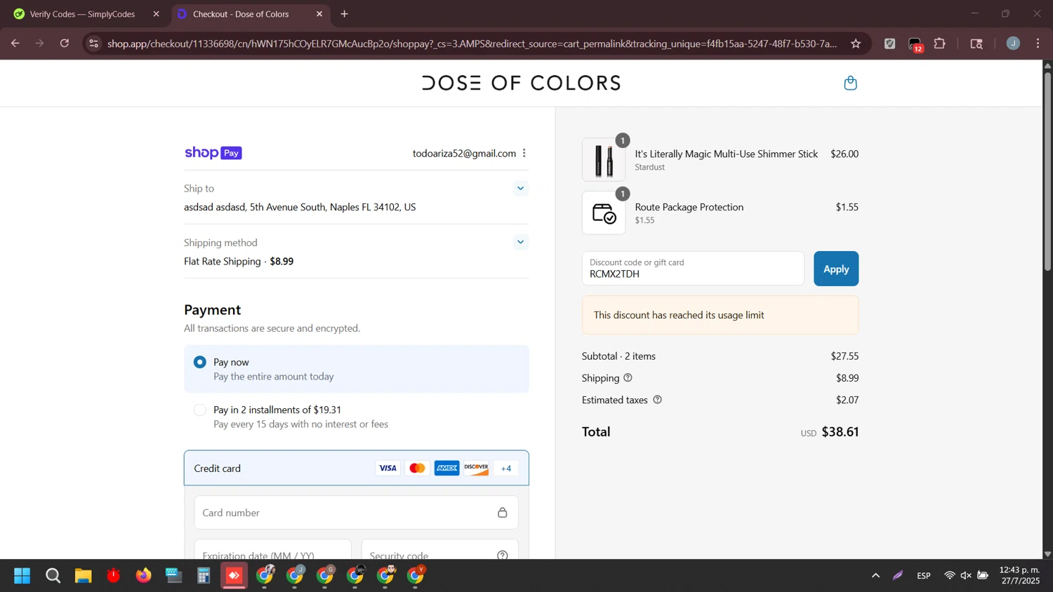Dose of Colors checkout page showing Dose of Colors discount code box | Screenshot taken by SimplyCodes community member on Jul 27, 2025