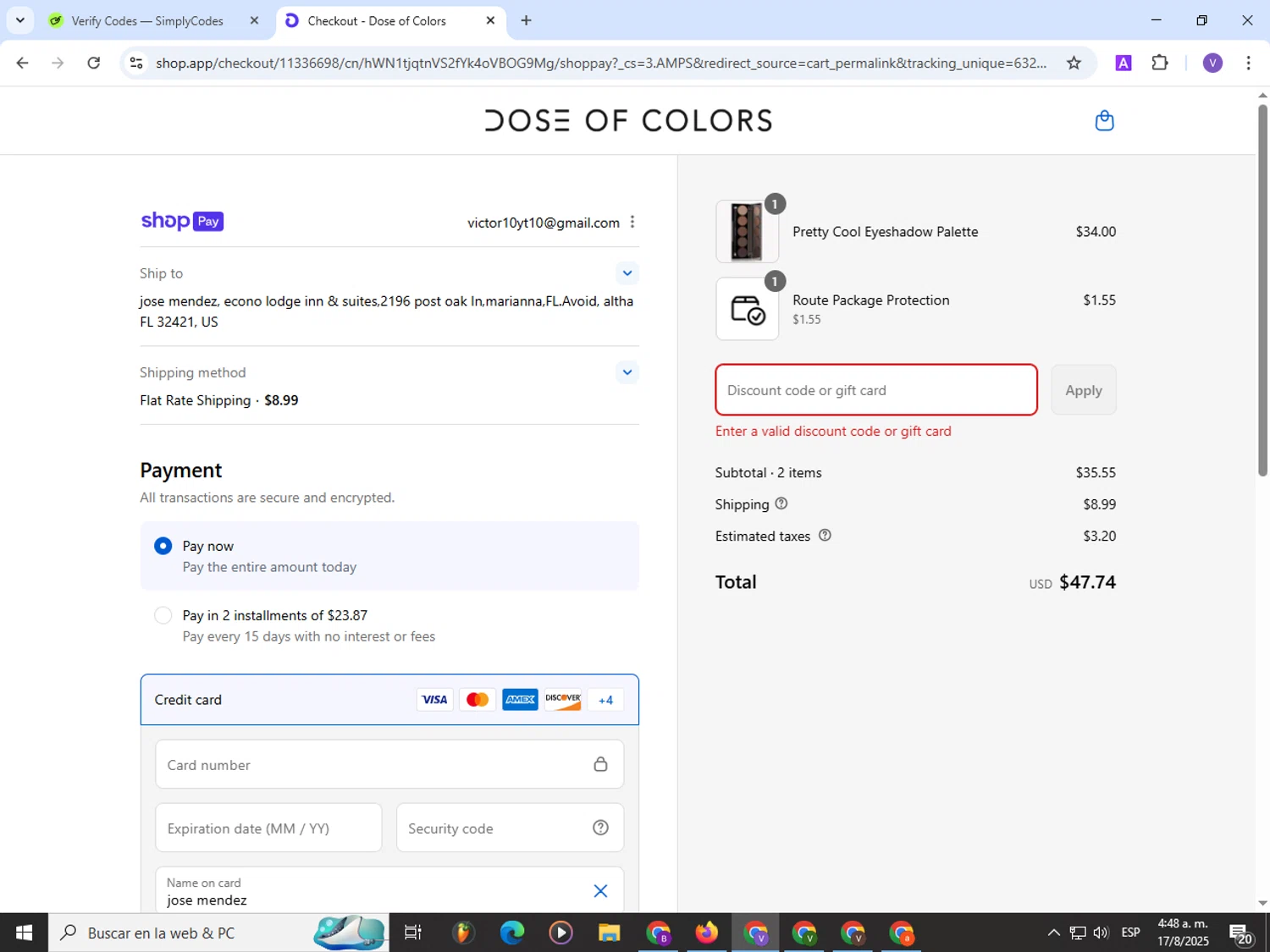 Dose of Colors discount code screenshot showing code HKW4KHL5 applied at Dose of Colors checkout page. Uploaded by SimplyCodes community member Satoru_gojo on Aug 17, 2025