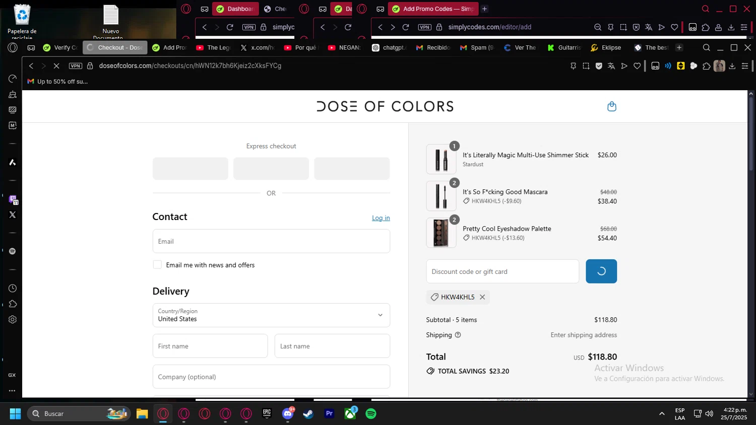 Dose of Colors checkout page showing Dose of Colors discount code box | Screenshot taken by SimplyCodes community member on Jul 25, 2025