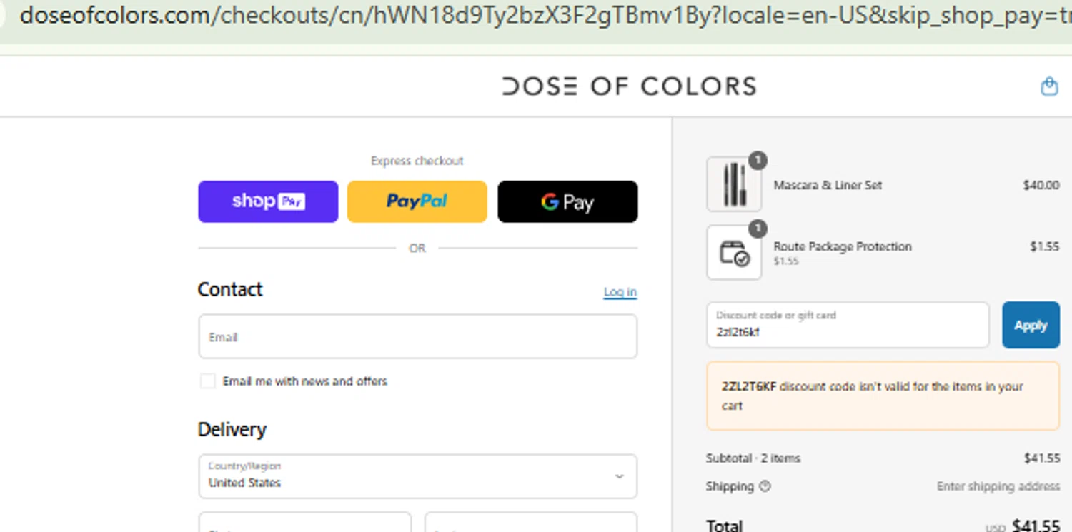 Dose of Colors checkout page showing Dose of Colors discount code box | Screenshot taken by SimplyCodes community member on Jul 28, 2025