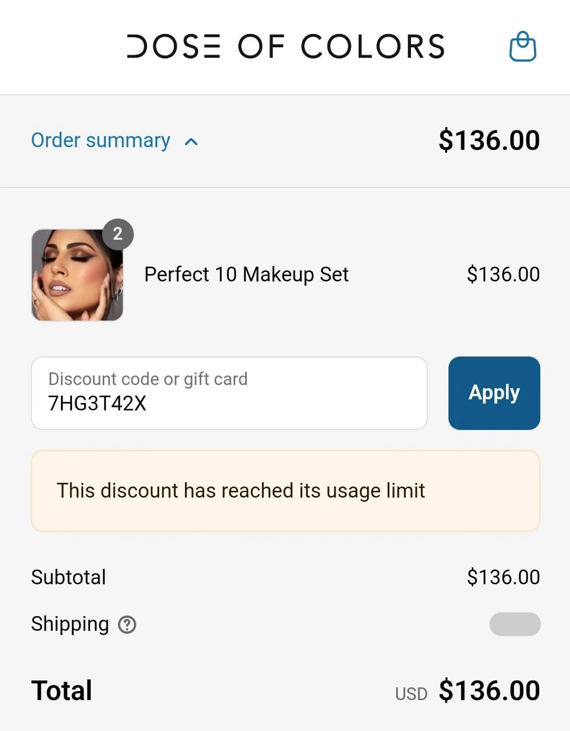 Dose of Colors discount code screenshot showing code 7HG3T42X applied at Dose of Colors checkout page. Uploaded by SimplyCodes community member ArgyArgy on Aug 9, 2025