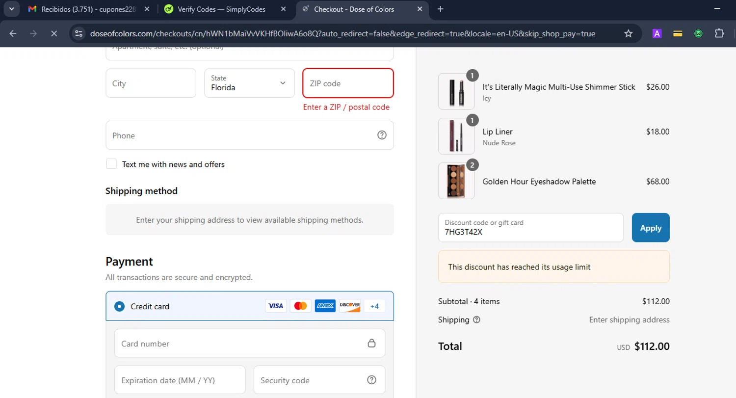 Dose of Colors discount code screenshot showing code 7HG3T42X applied at Dose of Colors checkout page. Uploaded by SimplyCodes community member Eduard on Aug 9, 2025