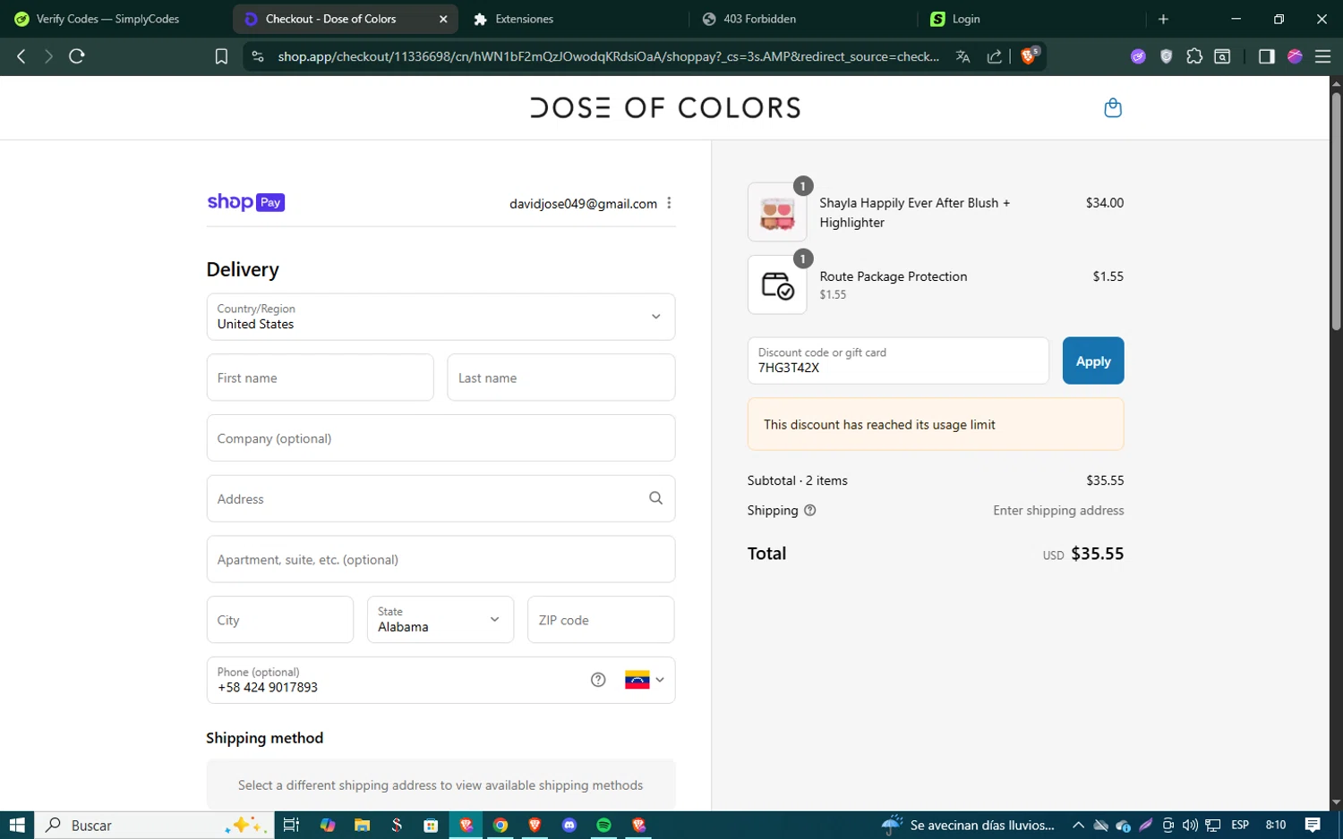 Dose of Colors discount code screenshot showing code 7HG3T42X applied at Dose of Colors checkout page. Uploaded by SimplyCodes community member SmartSaver5448 on Aug 9, 2025
