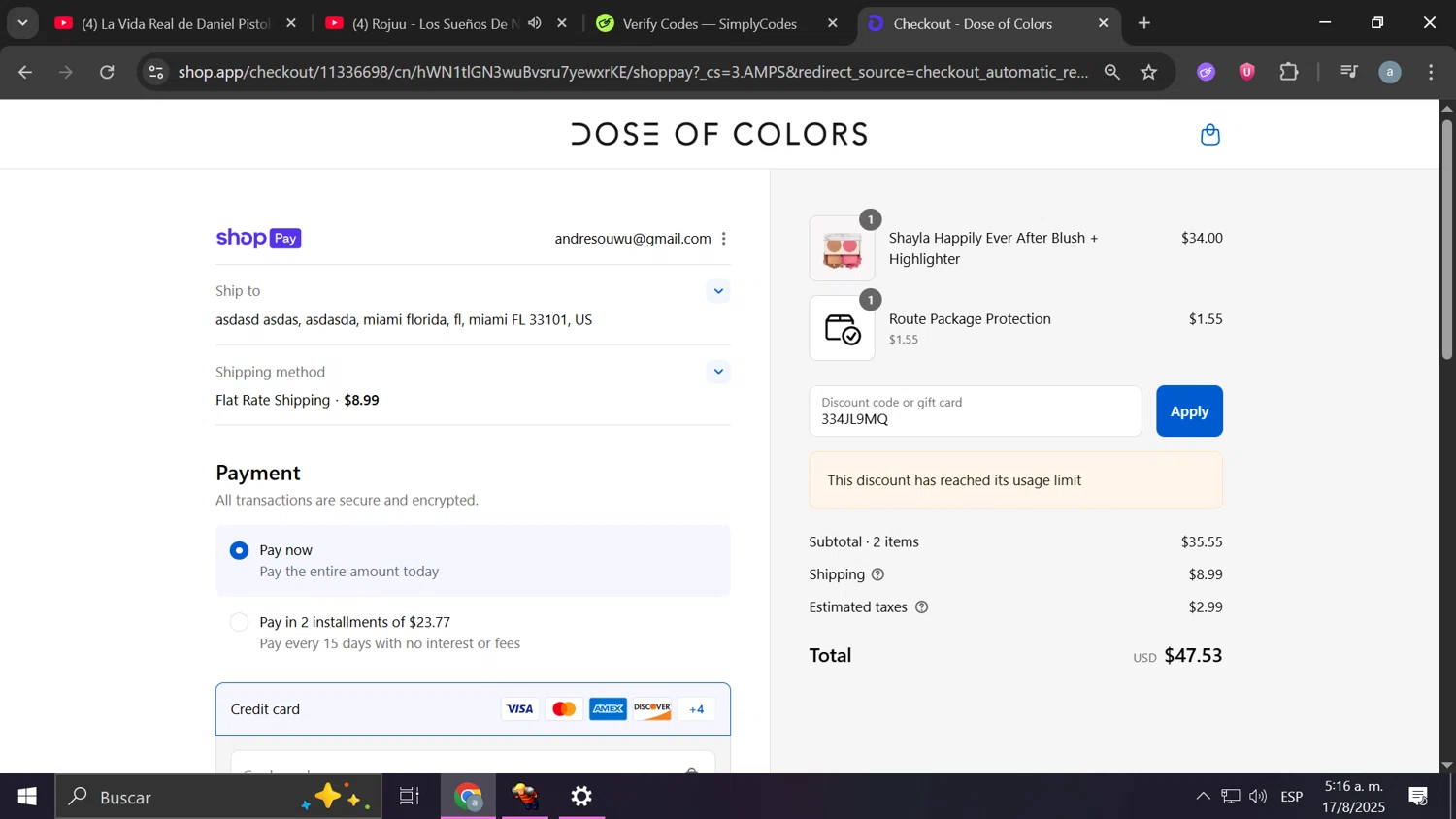 Dose of Colors discount code screenshot showing code 334JL9MQ applied at Dose of Colors checkout page. Uploaded by SimplyCodes community member Anderson on Aug 17, 2025