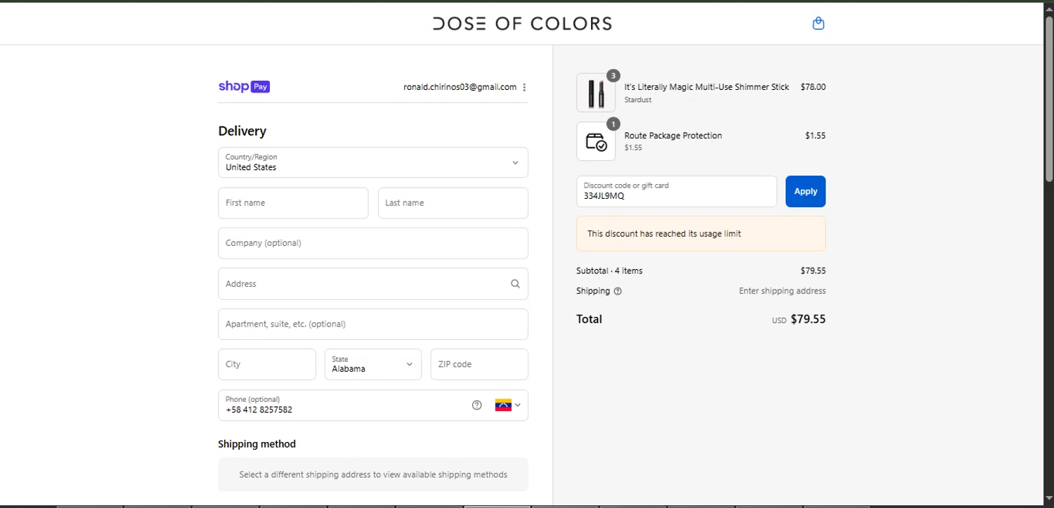 Dose of Colors discount code screenshot showing code 334JL9MQ applied at Dose of Colors checkout page. Uploaded by SimplyCodes community member davisams on Aug 17, 2025