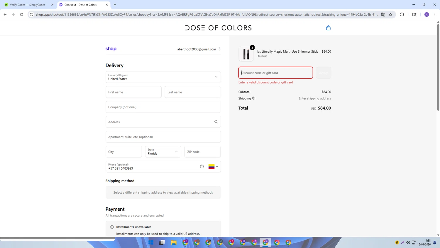 Dose of Colors discount code screenshot showing code CODE10 applied at Dose of Colors checkout page. Uploaded by SimplyCodes community member SAKURA on Jan 16, 2026