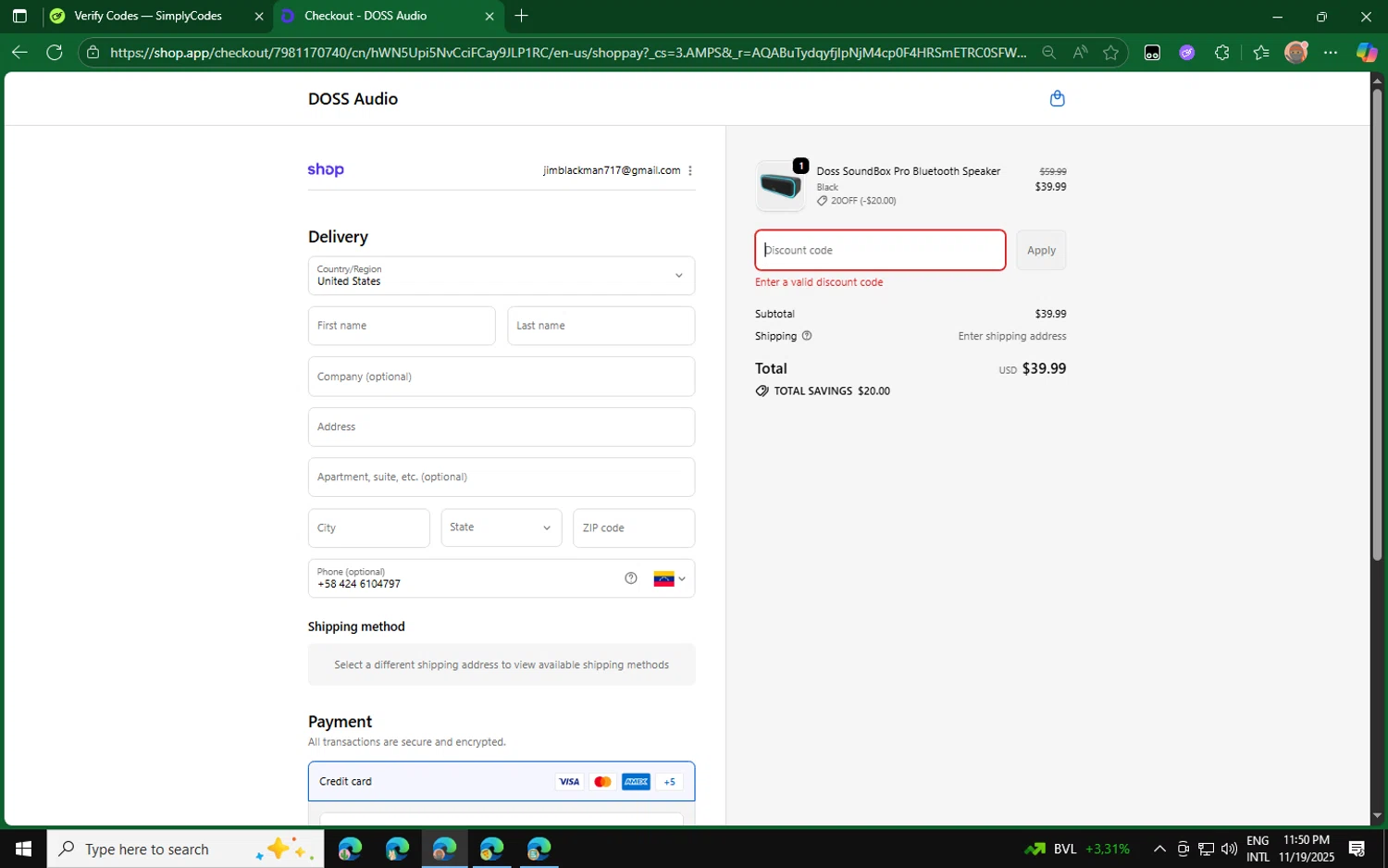 Doss Audio promo code screenshot showing code 20OFF applied at Doss Audio checkout page. Uploaded by SimplyCodes community member CouponPro4243 on Nov 20, 2025