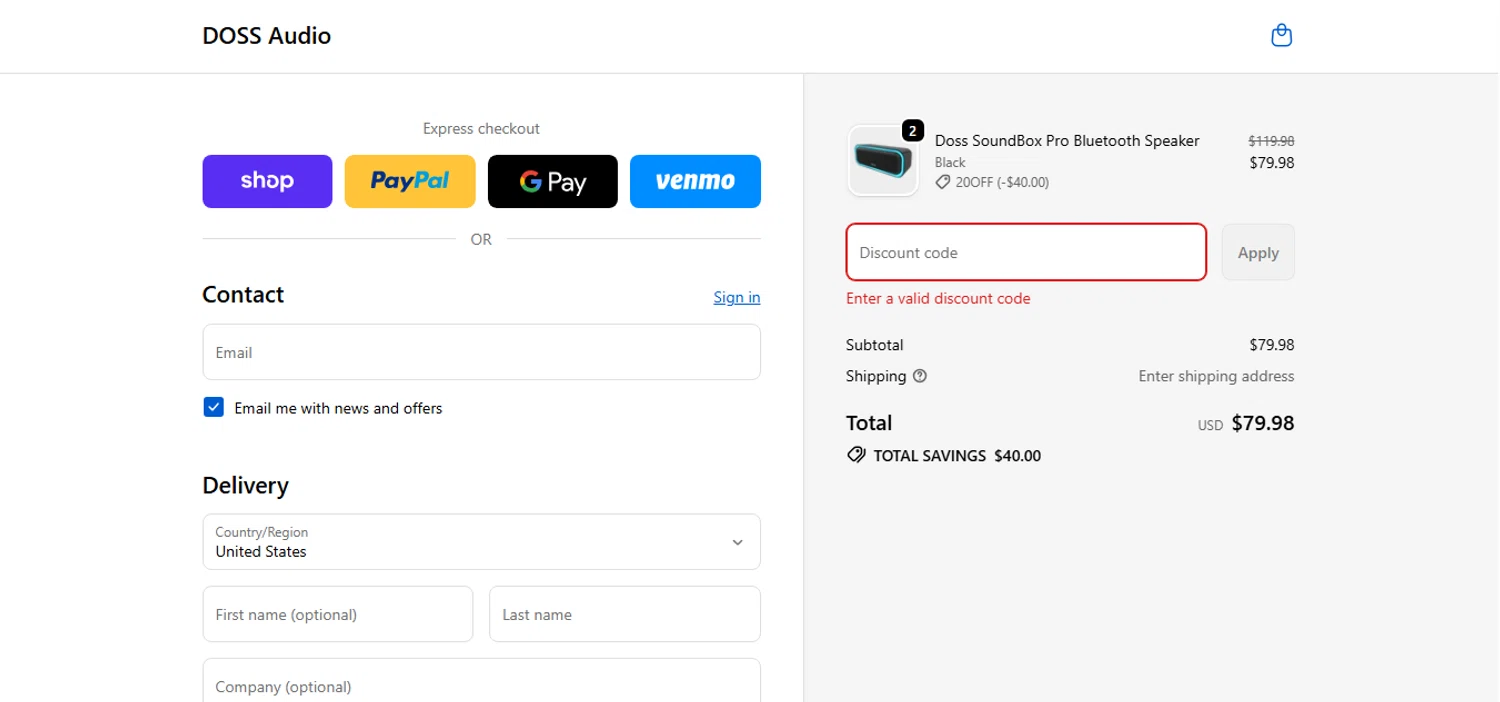 Doss Audio promo code screenshot showing code 20OFF applied at Doss Audio checkout page. Uploaded by SimplyCodes community member MagnificentCurator5441 on Nov 20, 2025