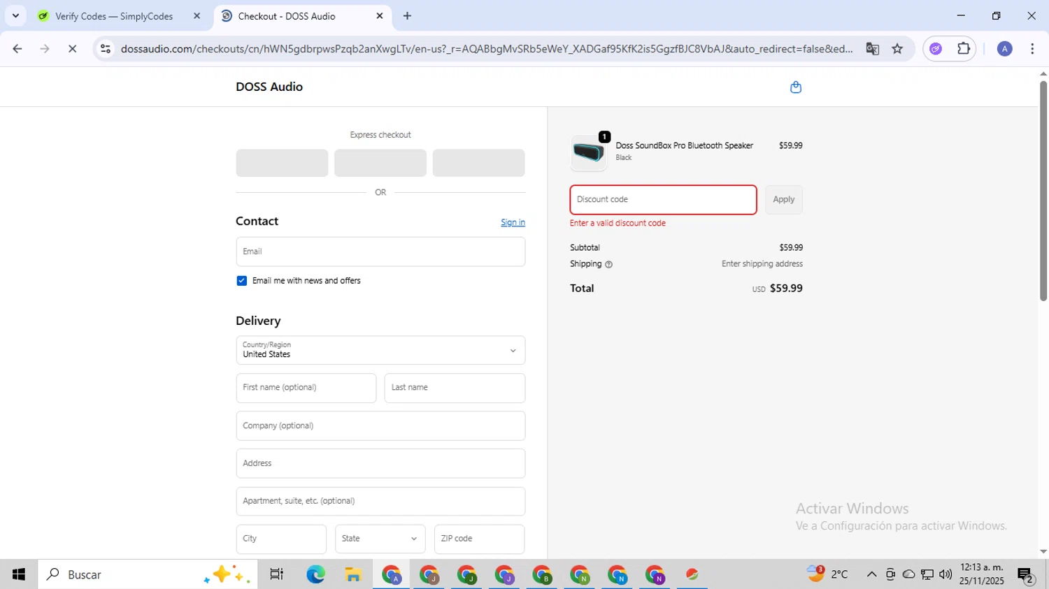 Doss Audio promo code screenshot showing code DOSS10%CODE applied at Doss Audio checkout page. Uploaded by SimplyCodes community member TreasureCaptain5531 on Nov 25, 2025