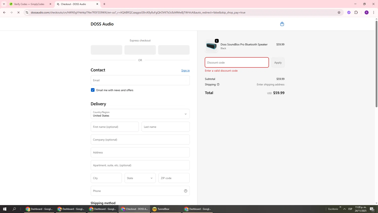 Doss Audio promo code screenshot showing code DOSS10%CODE applied at Doss Audio checkout page. Uploaded by SimplyCodes community member ukemochi on Nov 25, 2025