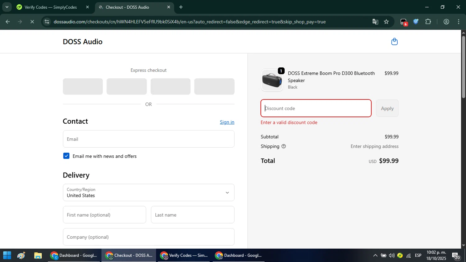 Doss Audio promo code screenshot showing code DOSS15%OFF applied at Doss Audio checkout page. Uploaded by SimplyCodes community member Chinito0209 on Oct 19, 2025