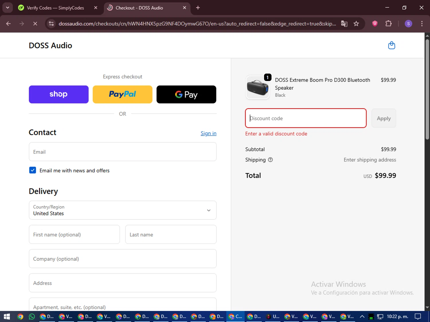 Doss Audio promo code screenshot showing code DOSS15%OFF applied at Doss Audio checkout page. Uploaded by SimplyCodes community member LuckyVoyager688 on Oct 19, 2025