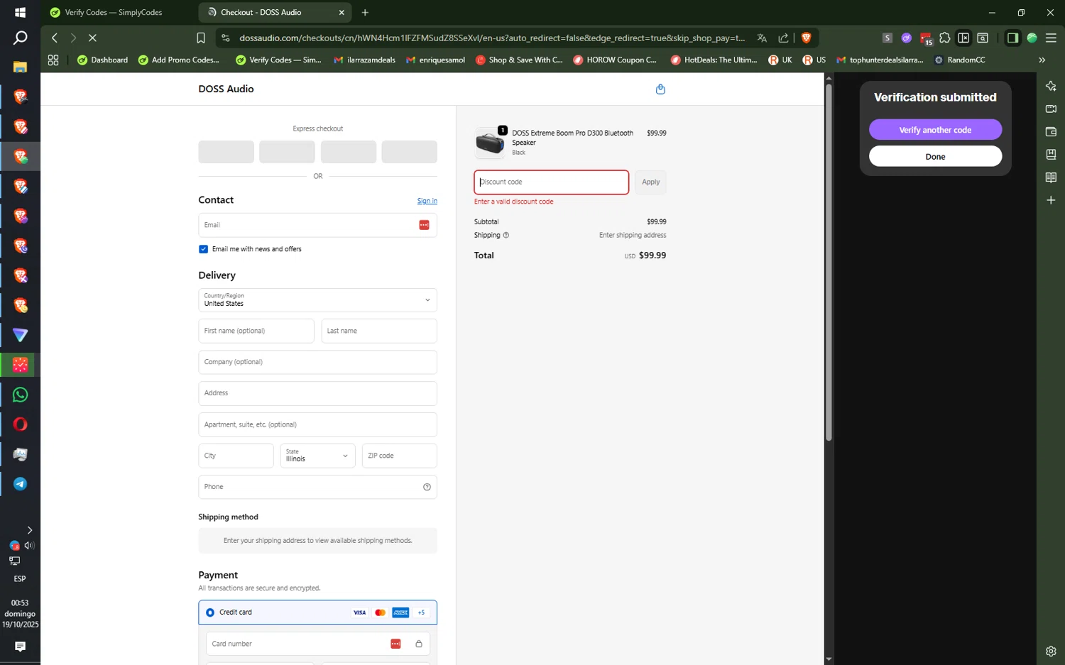 Doss Audio promo code screenshot showing code DOSS15%OFF applied at Doss Audio checkout page. Uploaded by SimplyCodes community member SilentNova8472 on Oct 19, 2025