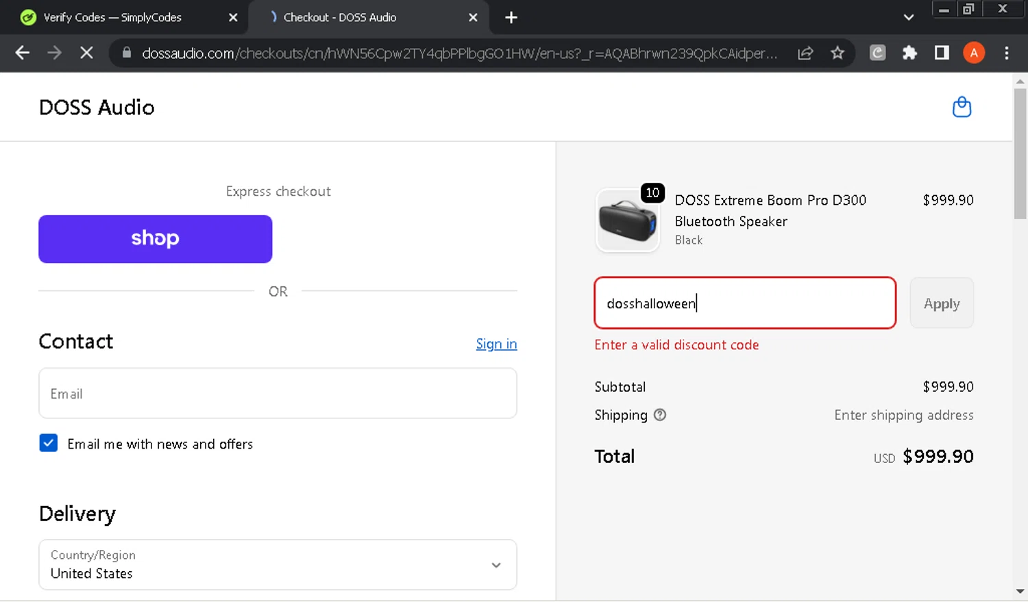 Doss Audio promo code screenshot showing code dosshalloween applied at Doss Audio checkout page. Uploaded by SimplyCodes community member GloriousOwl8819 on Nov 9, 2025