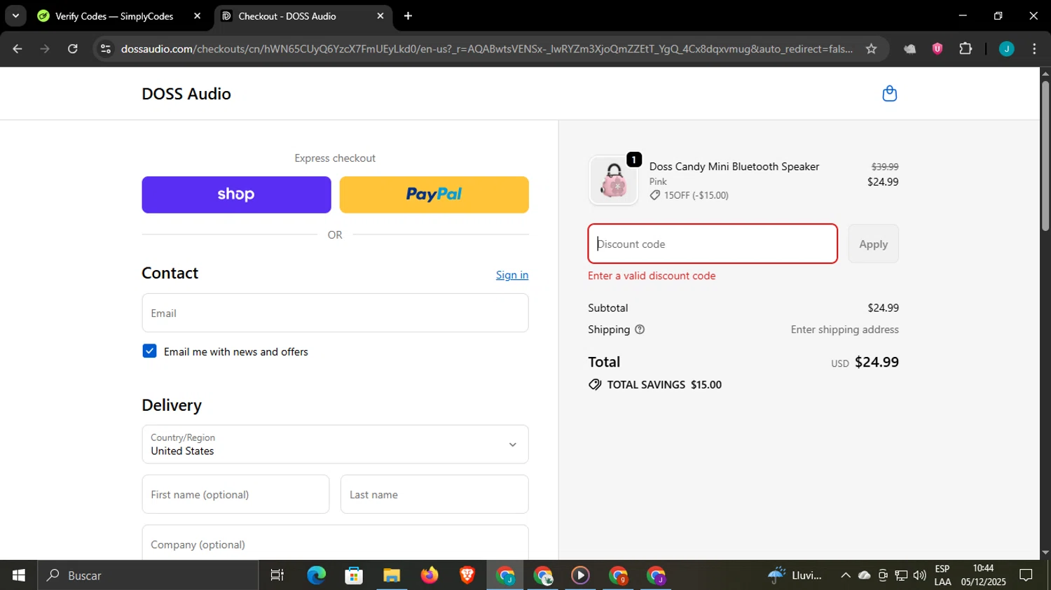 Doss Audio promo code screenshot showing code DOSSBFDEALS applied at Doss Audio checkout page. Uploaded by SimplyCodes community member WonderCaptain6926 on Dec 5, 2025