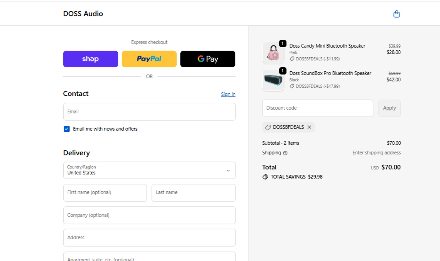 Doss Audio promo code screenshot showing code DOSSBFDEALS applied at Doss Audio checkout page. Uploaded by SimplyCodes community member ylenisjordan on Nov 21, 2025