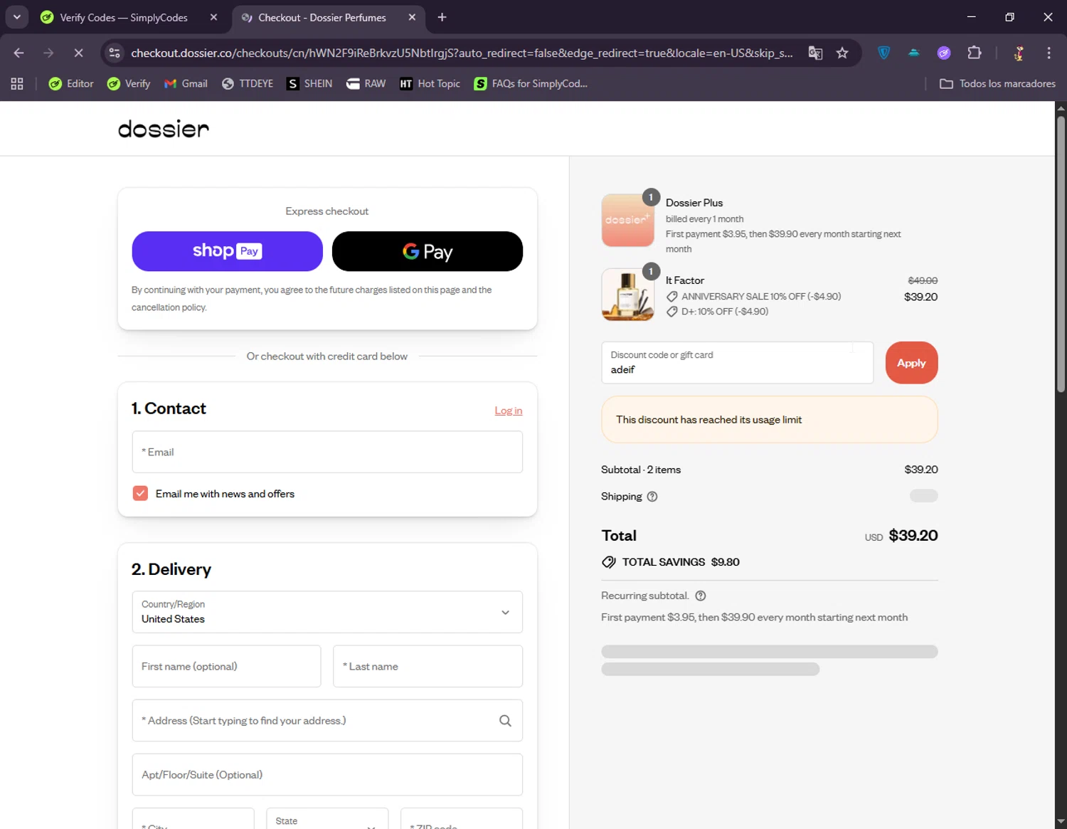 Dossier discount code screenshot showing code adeif applied at Dossier checkout page. Uploaded by SimplyCodes community member DonGato on Aug 26, 2025