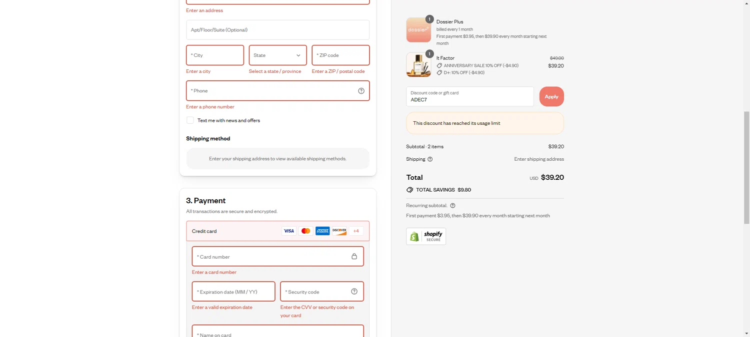 Dossier discount code screenshot showing code ADEC7 applied at Dossier checkout page. Uploaded by SimplyCodes community member CashSentinel5495 on Aug 25, 2025