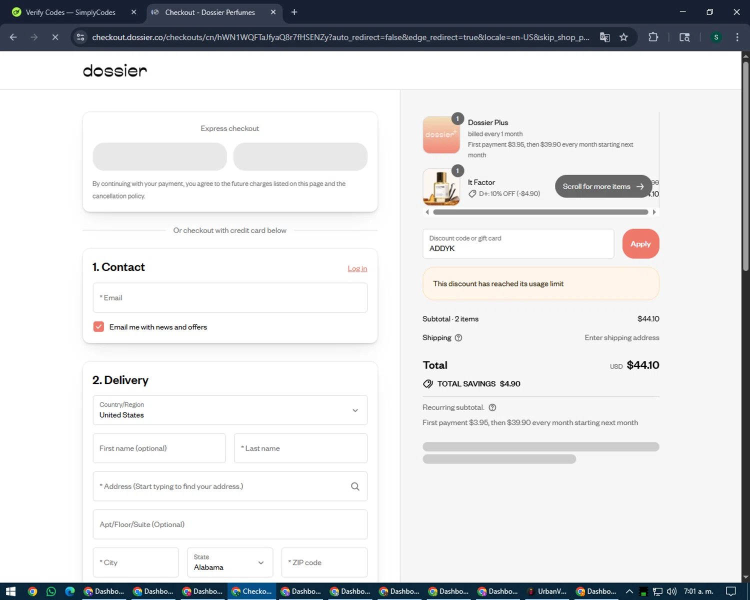 Dossier discount code screenshot showing code ADDYK applied at Dossier checkout page. Uploaded by SimplyCodes community member lilMosey on Aug 7, 2025