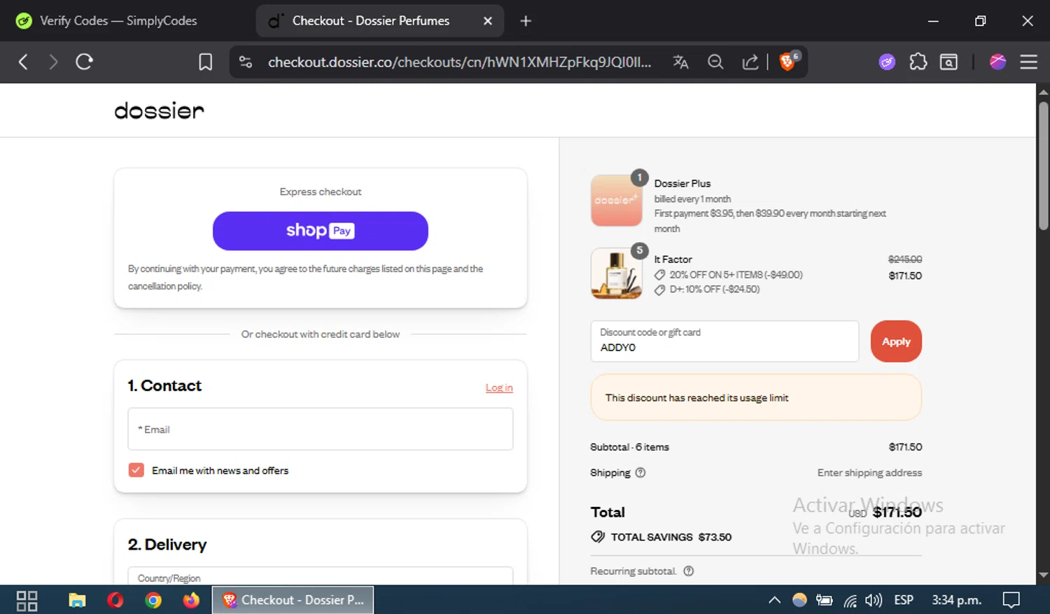 Dossier discount code screenshot showing code ADDY0 applied at Dossier checkout page. Uploaded by SimplyCodes community member CouponSaver4196 on Aug 7, 2025