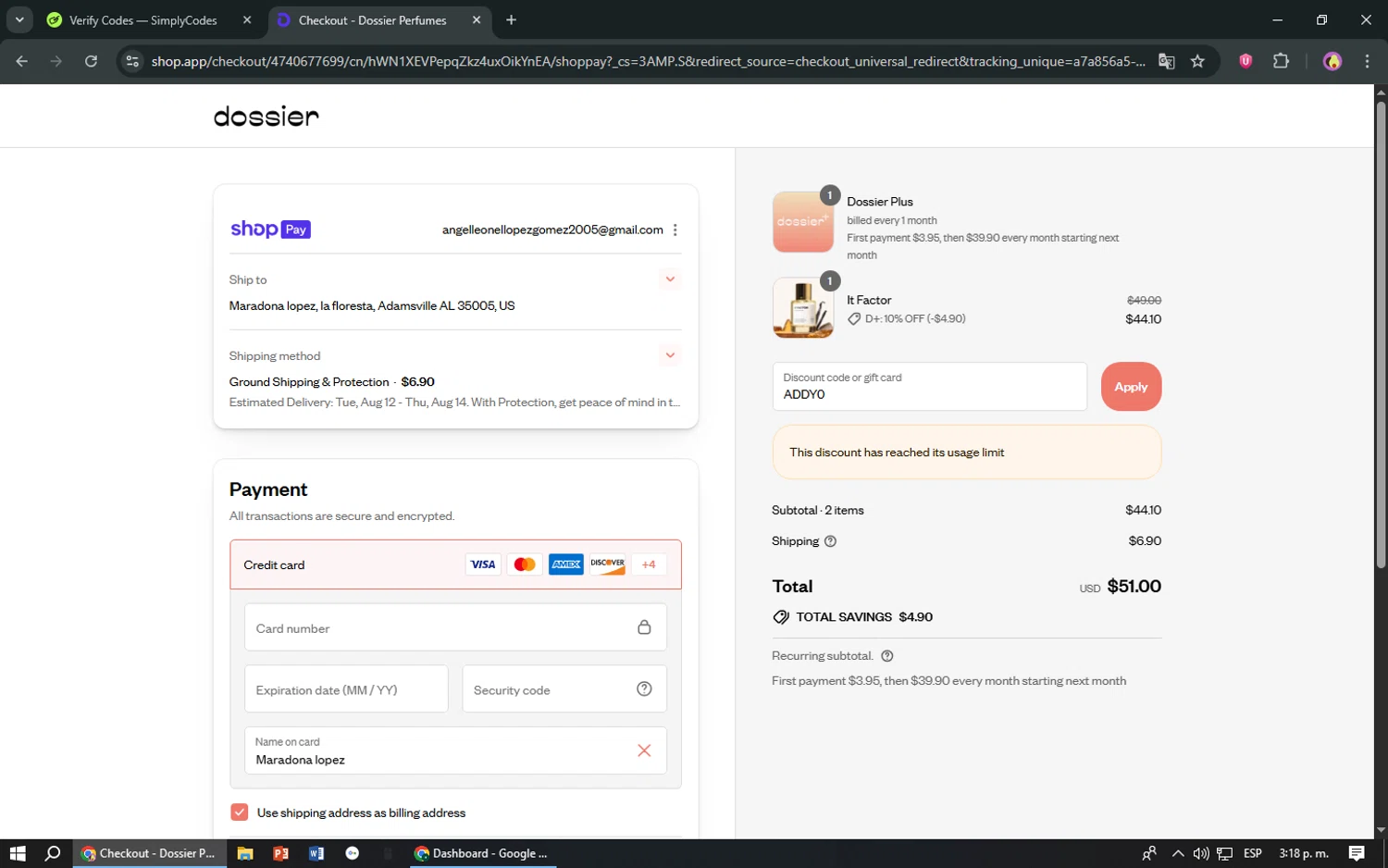 Dossier discount code screenshot showing code ADDY0 applied at Dossier checkout page. Uploaded by SimplyCodes community member TreasureShopper9156 on Aug 7, 2025