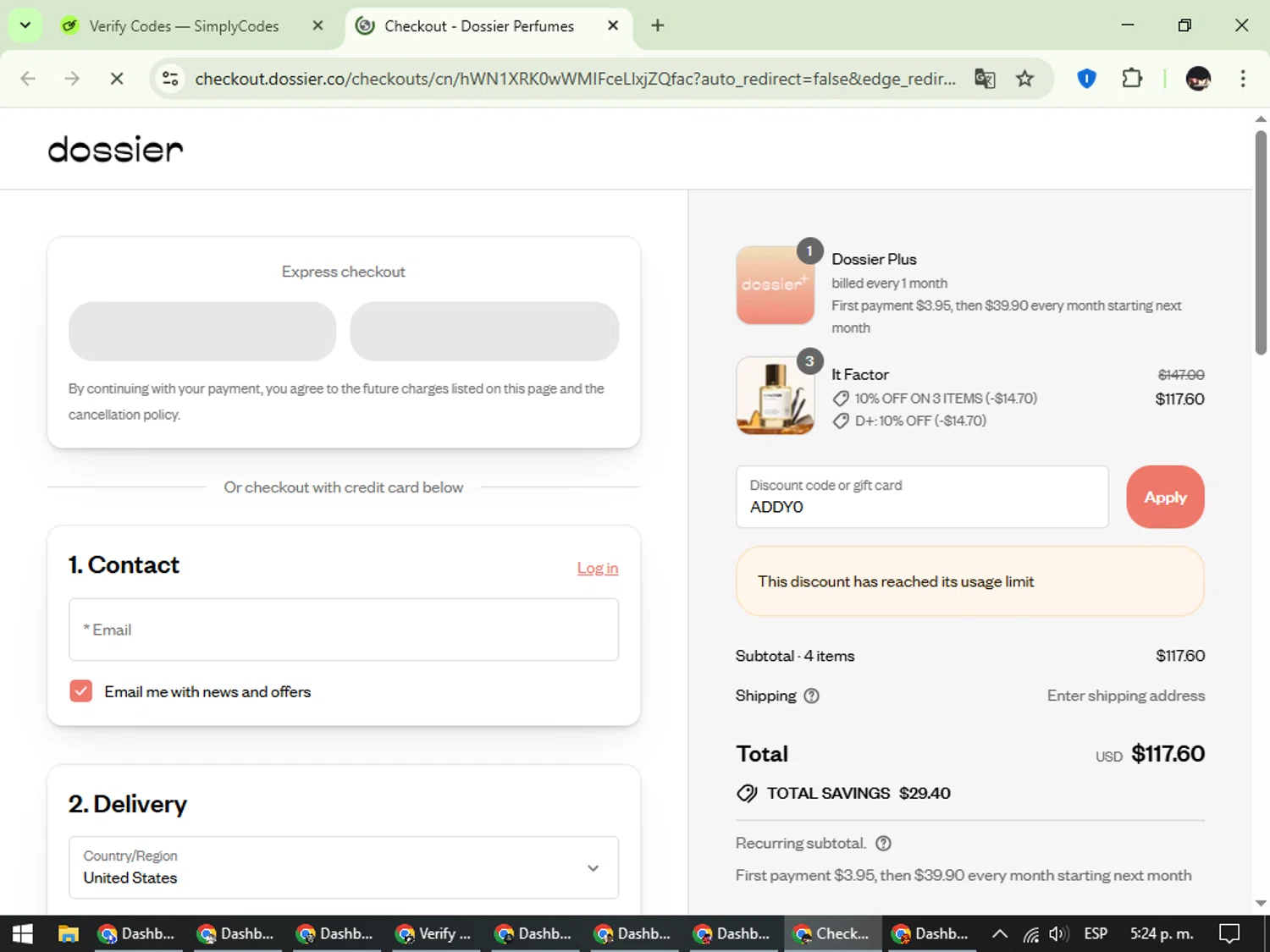 Dossier discount code screenshot showing code ADDY0 applied at Dossier checkout page. Uploaded by SimplyCodes community member WonderCurator791 on Aug 7, 2025
