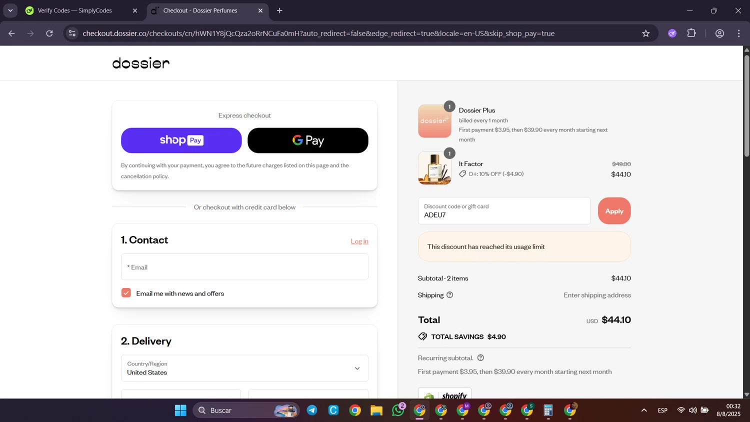 Dossier discount code screenshot showing code ADEU7 applied at Dossier checkout page. Uploaded by SimplyCodes community member Puppet on Aug 8, 2025