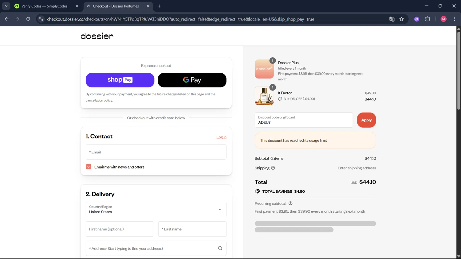 Dossier discount code screenshot showing code ADEU7 applied at Dossier checkout page. Uploaded by SimplyCodes community member ValueCollector4159 on Aug 8, 2025