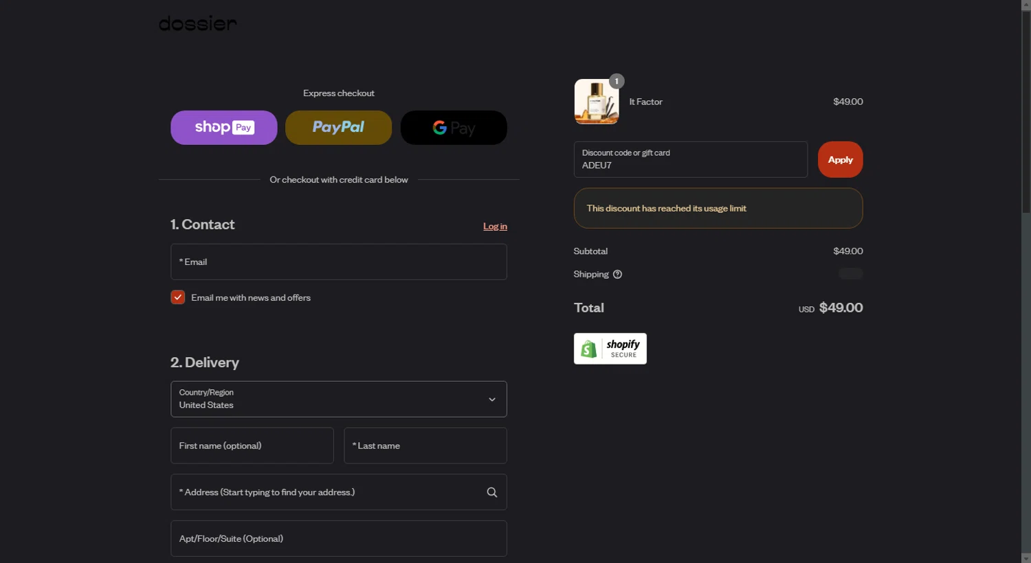 Dossier discount code screenshot showing code ADEU7 applied at Dossier checkout page. Uploaded by SimplyCodes community member tony2702 on Aug 8, 2025