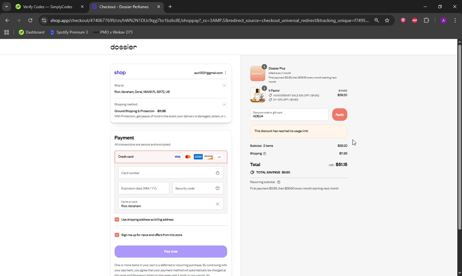 Dossier discount code screenshot showing code ADEU4 applied at Dossier checkout page. Uploaded by SimplyCodes community member DeathBone on Aug 29, 2025