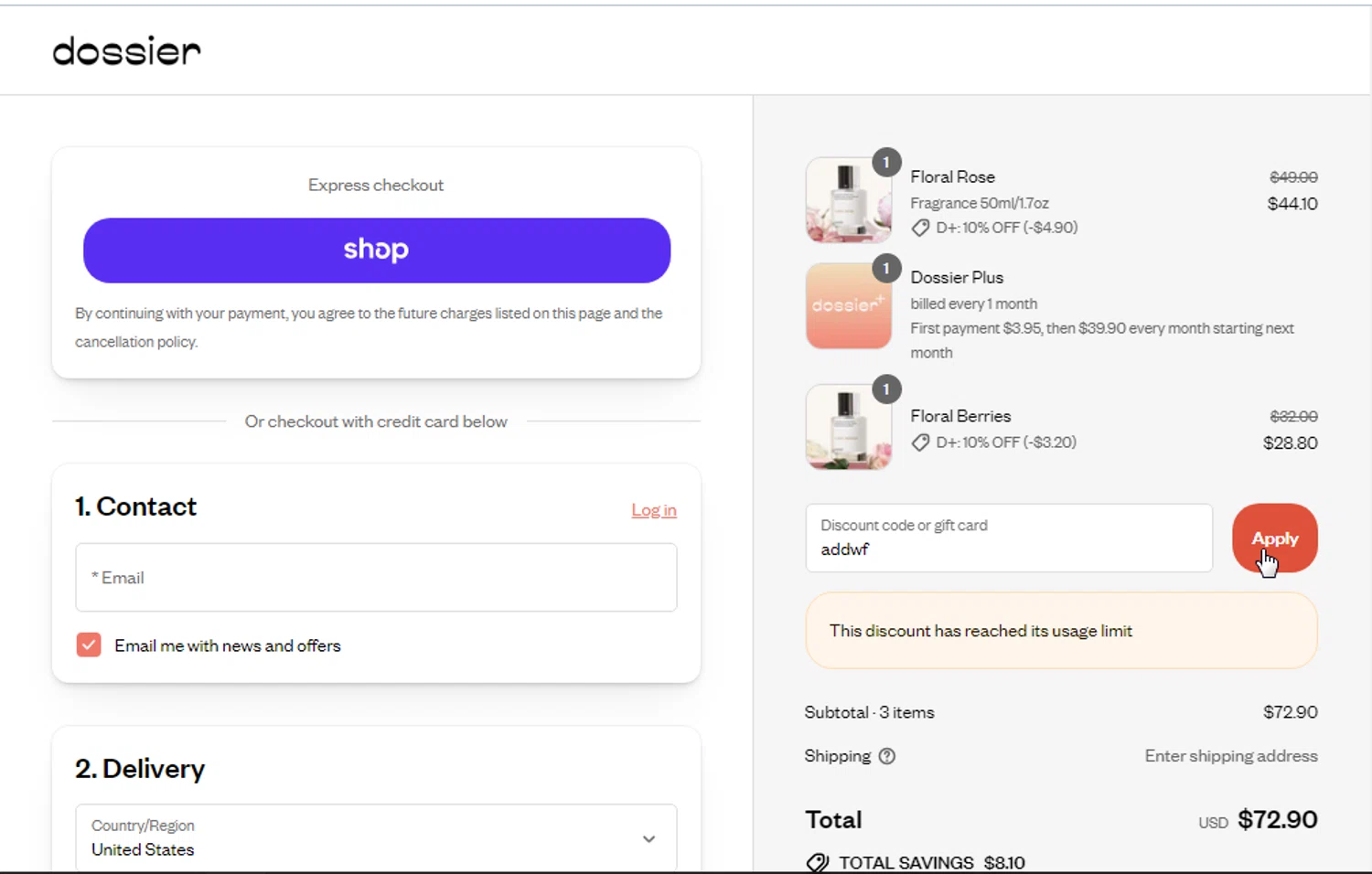 Dossier discount code screenshot showing code addwf applied at Dossier checkout page. Uploaded by SimplyCodes community member IFeelGood3 on Aug 9, 2025