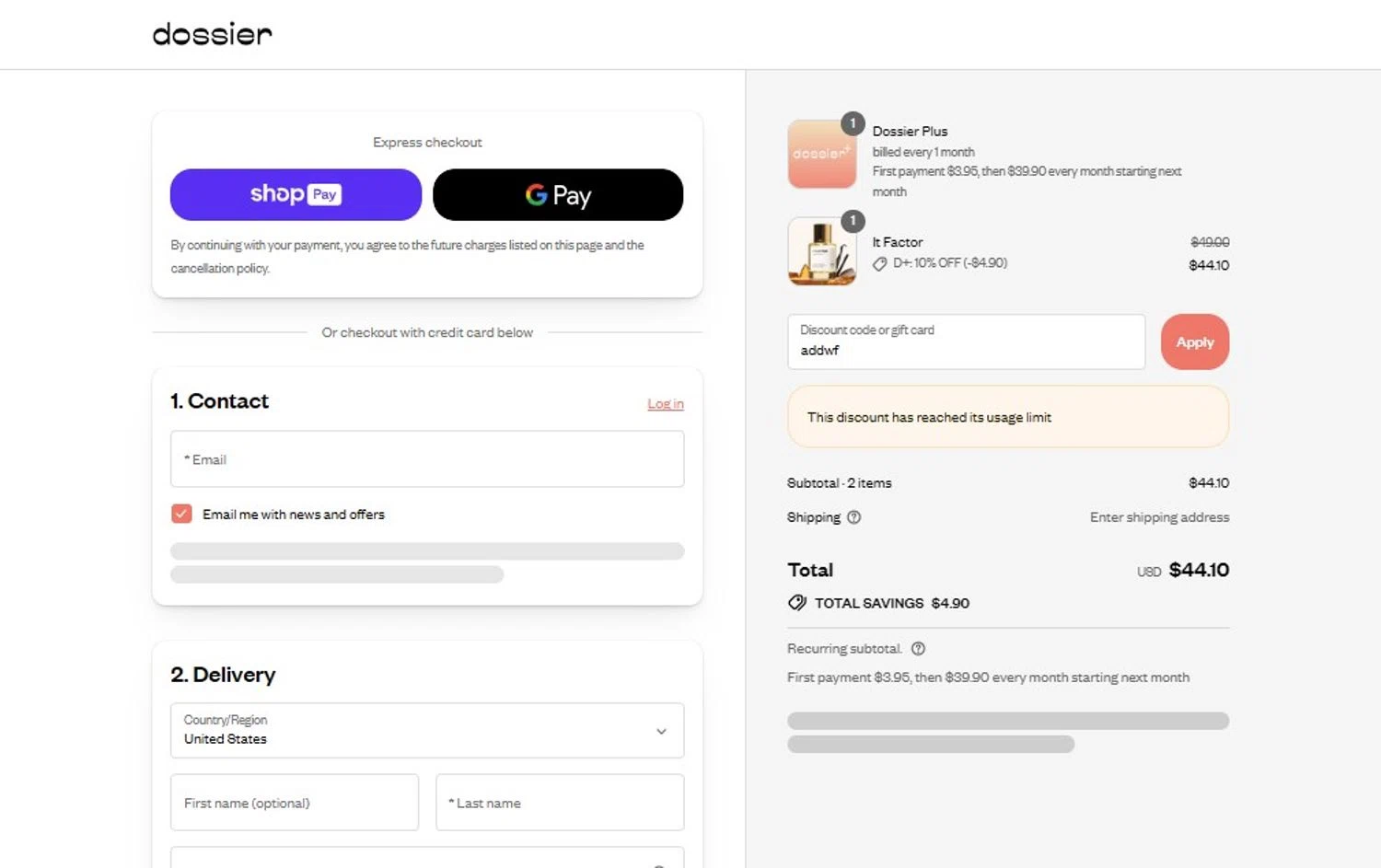 Dossier discount code screenshot showing code addwf applied at Dossier checkout page. Uploaded by SimplyCodes community member ScanMaestro644 on Aug 8, 2025