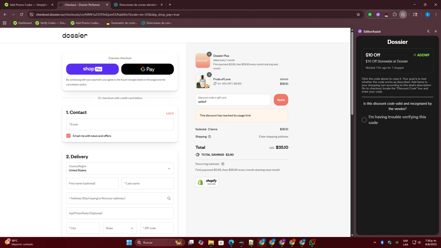 Dossier discount code screenshot showing code addwf applied at Dossier checkout page. Uploaded by SimplyCodes community member WiseMaven8415 on Aug 8, 2025
