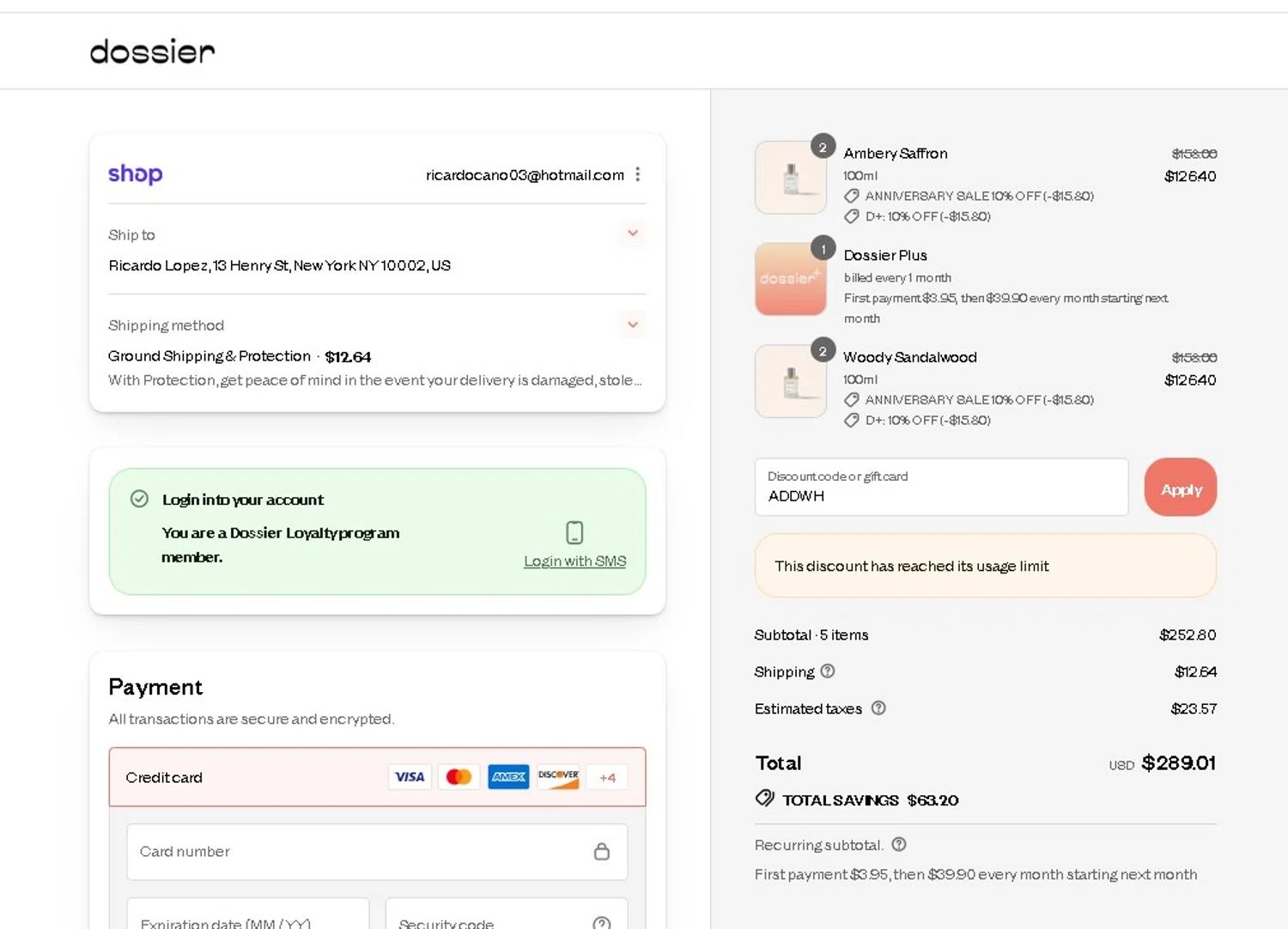 Dossier discount code screenshot showing code ADDWH applied at Dossier checkout page. Uploaded by SimplyCodes community member LAMINEJAMAL on Aug 29, 2025