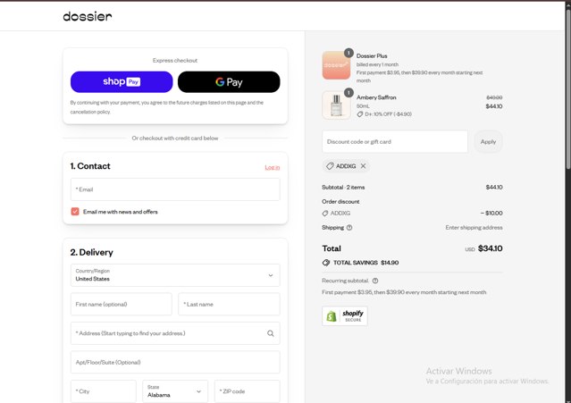 Dossier checkout page showing Dossier discount code box | Screenshot taken by SimplyCodes community member on Aug 20, 2025